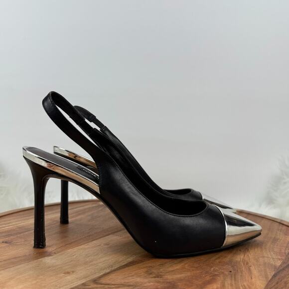 Nine West Sz 8M Black Silver Cap Toe Pointed Slingback Stiletto Heels Pumps Chic - Picture 3 of 14
